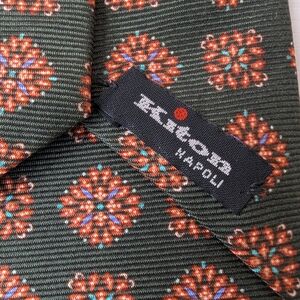 Kiton Olive Green Tie with Orange Medallion Pattern
